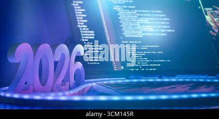 Glowing 2026 numbers in front of a digital screen filled with code, symbolizing future programming and technological innovation. Stock Photo