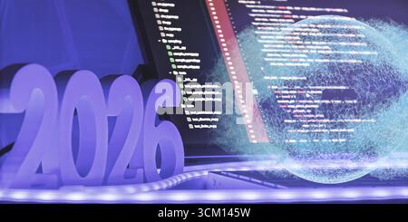 Futuristic scene featuring 2026 text, code on screen, and a glowing digital globe, symbolizing global technology and programming evolution. Stock Photo