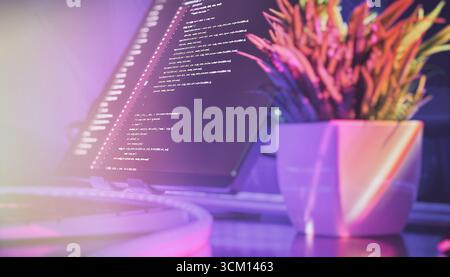 Colorful and stylish workspace featuring a screen with code and a decorative plant, symbolizing modern tech, creativity, and programming. Stock Photo