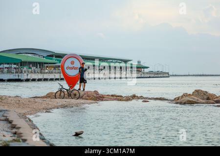 CHONBURI, THAILAND - 10 September: people standing on a sign map markers at Ang Sila in Chonburi, Thailand. Stock Photo