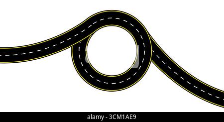 Top view of a long winding highway with dashed center lines and smooth asphalt texture vector illustration. Backgrounds route planning highway icons Stock Vector