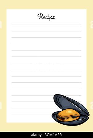 Blank recipe template decorated with a hand-drawn mussel in engraving style. Great for Mediterranean food menu, blog or product use. Stock Vector