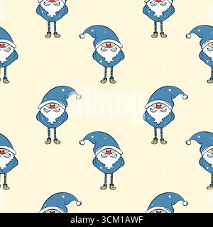 Merry Christmas winter pattern with gnomes or Santa Clauses, hand drawn on beige background. Packaging, background, cover, childrens textile. Vector i Stock Vector
