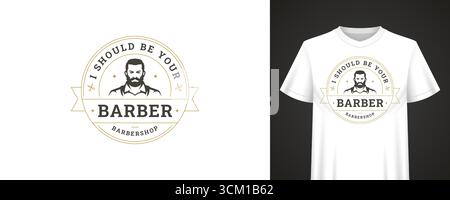 Retro barbershop logo design featuring bearded man, circular badge layout, stylish decorative details and bold message for apparel and merchandise. Ve Stock Vector