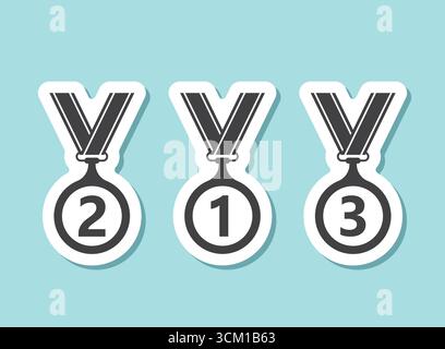 Gold, silver, bronze medals sticker icons set in flat style. Trophy award vector illustration on isolated background. Winner sign business concept. Stock Vector