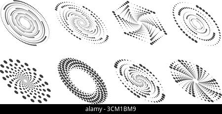 Abstract dotted round with spiral pattern. Circular vector graphic on white background. Swirl circle shapes with halftone effect. Geometric concentric Stock Vector