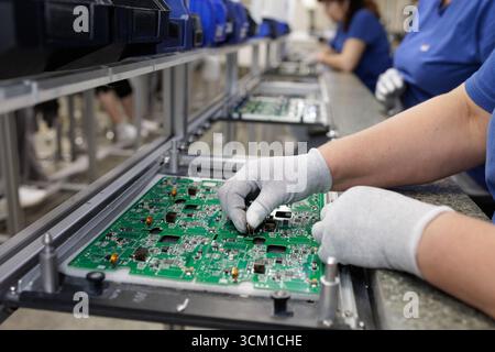 Operator places components on a printed circuit board at an ESD workstation on a modern electronics production line in factory Stock Photo