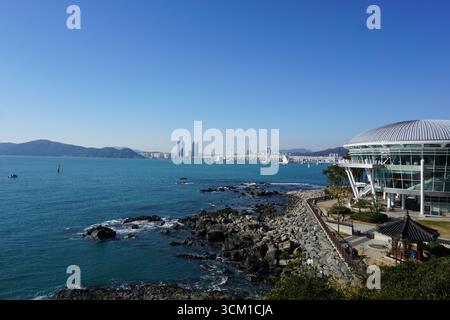 Busan, South Korea: Nurimaru APEC House of Dongbaekseom Island in Haeundae Stock Photo