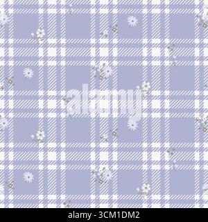 Tartan Plaid Pattern with flowers Seamless. Traditional Scottish Checkered Background. Purple and cream pastel colors Fashion Textile Design Stock Vector