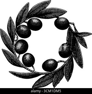 Vintage olive branch wreath engraving for retro design and decor ...