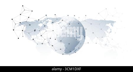 Abstract grey globe with 3d network points and lines connecting continents over a gray world map background. Modern concept for global communication, Stock Vector