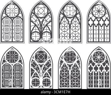 Gothic church windows with arched frames and stained glass. Medieval silhouettes of vintage cathedral architecture decorations and geometric ornaments Stock Vector