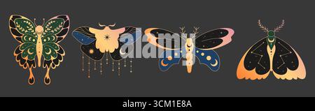 Mystical moon boho butterfly collection with celestial moths and decorative wings for spiritual artwork. Insects with gradient wings, stars and crescents for tarot cards or witchy aesthetic designs. Stock Vector