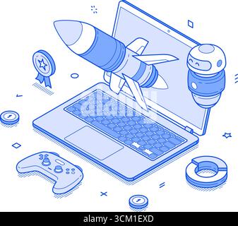 Online gaming esport virtual video game laptop workflow isometric vector illustration. Internet game cyberspace entertainment web digital technology a Stock Vector
