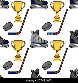 Seamless vector pattern featuring hockey skates, sticks, pucks, and gold trophies, rendered in a hand-drawn cartoon style with navy and gold accents. Stock Vector