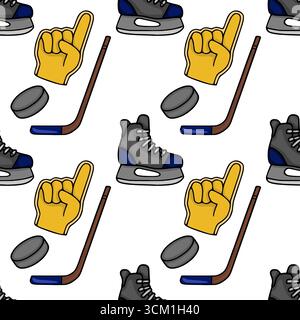 Seamless vector pattern featuring hockey skates, sticks, pucks, and a foam finger, rendered in a hand-drawn cartoon style with gray, blue, and brown c Stock Vector