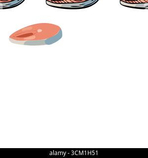 Repeating pattern with hand-drawn salmon or tuna steaks in engraving style. Ideal for Mediterranean cuisine packaging or branding. Stock Vector
