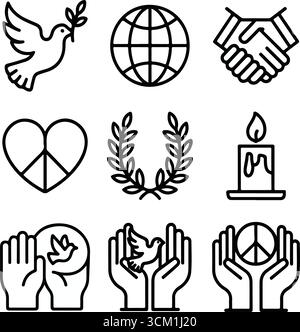 International Day of Peace icon set in hand-drawn style with dove, globe, candle, heart, handshake, and peace symbols Stock Vector