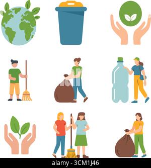 World Cleanup Day icon set with flat-style people cleaning trash, recycle bin leaves, and earth illustration Stock Vector