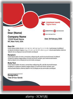 Professional Business Letterhead Template | Modern Corporate Company Letterhead Layout in Red, Black, and White Vector Design Stock Vector