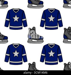 Seamless vector pattern featuring a repeating design of hockey jerseys with a star and ice skates, rendered in a hand-drawn style with a navy blue and Stock Vector