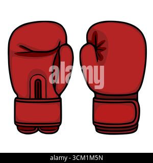 A vector illustration showcasing a pair of crimson boxing gloves, meticulously detailed with black outlines, presented in a front and side view for ve Stock Vector