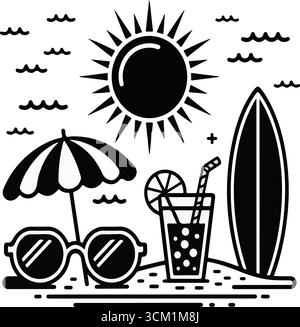 Summer beach scene illustration in a black and white minimalist style Stock Vector