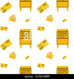 Bright yellow post box and envelopes scattered in a playful pattern on a white background Stock Vector