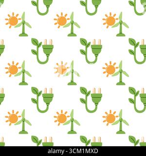 Seamless eco pattern with solar energy, wind turbine and green electric plug. Renewable energy design for sustainability, clean power and Stock Vector