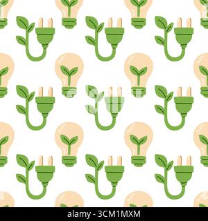 Seamless eco pattern with green electric plug and light bulb with sprout. Sustainable energy design for clean technology, innovation and environmental Stock Vector
