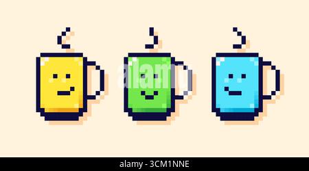 Pixel art three cups with kawaii faces. Stock Vector
