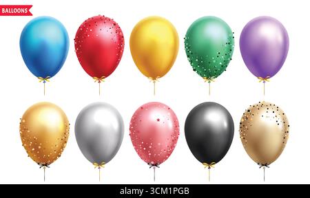 Balloons elegant clipart set. Colorful floating elegant balloons with glitters, glossy, rubber and shiny clip art collection for birthday party Stock Vector