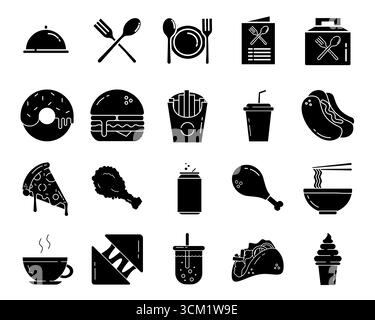 Set Icons Fast Food in Silhouette Style Vector Illustration Isolated Design Stock Vector