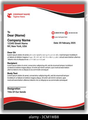 Minimalist Business Letterhead Template | Modern Corporate Company Stationery Layout in Red, Black, and White Vector Illustration Stock Vector