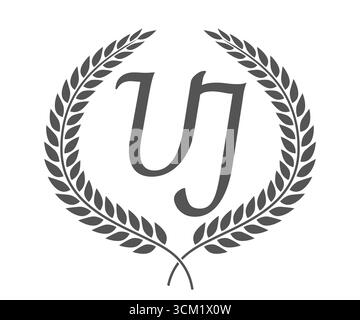Initial letter U and J, UJ monogram logo design with laurel wreath. Luxury emblem with calligraphy font. Stock Vector