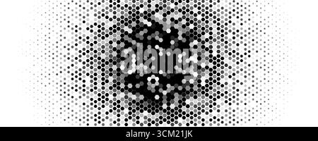 Hexagon halftone burst, dense center, fade to white, tech vibe. Honeycomb mosaic, radial motion. Tech, science, data topics. Use for banner, header Stock Vector