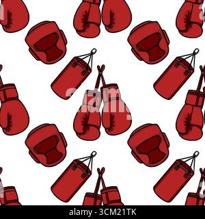 Seamless vector pattern featuring boxing gloves, headgear, and punching bag, rendered in a vibrant red hue, ideal for sportswear or gym-themed designs Stock Vector