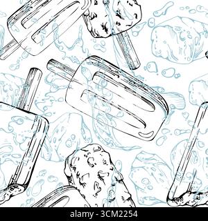 Melting popsicle lolly, ice cream stick coated with crushed nuts, cube cold splash droplets. graphic seamless pattern illustration hand drawn in Stock Vector