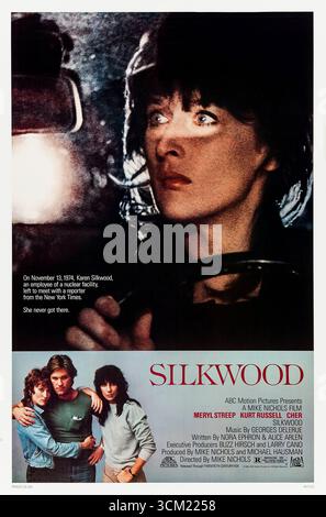 Silkwood (1983) directed by Mike Nichols and starring Meryl Streep, Kurt Russell and Cher. Based on the true story of Karen Silkwood, a whistleblower at a plutonium plant who fought against corporate negligence. Photograph of an original 1983 US one sheet poster EDITORIAL USE ONLY. Credit: BFA / 20th Century Fox Stock Photo