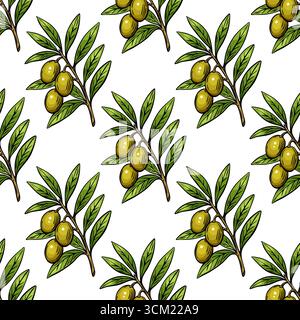 Hand drawn seamless pattern with olive tree branches in engraving style. Perfect for Mediterranean food branding, wrapping and textiles. Stock Vector