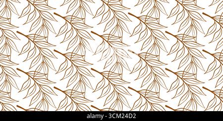 Seamless botanic pattern with long willow branches and thin leaves. Floral outline print. Linear line art vector background. Stock Vector