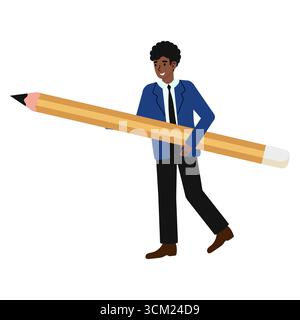 A young man in formal attire confidently walks with an oversized pencil in hand, symbolizing creativity and inspiration in a vibrant workspace. Stock Vector