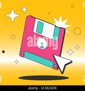Vector illustration of a pink floppy disk with pixel art mouse cursor. Retro digital storage icon in pop art style on yellow background. Stock Vector