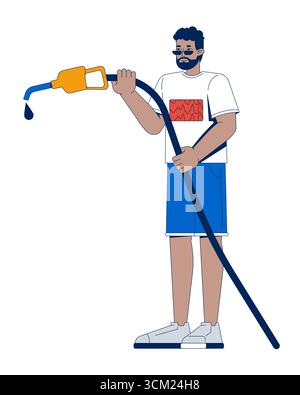 Black man holding fuel nozzle with gasoline drop 2D cartoon character Stock Vector