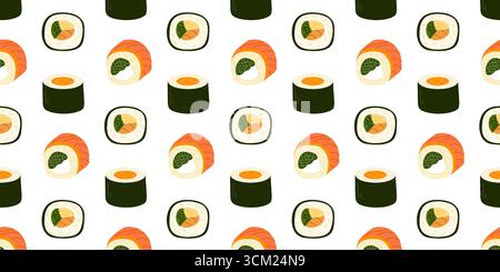 Bright and vibrant pattern displays different sushi rolls, including salmon, avocado, and egg, arranged on a clean white background for a lively, culi Stock Vector