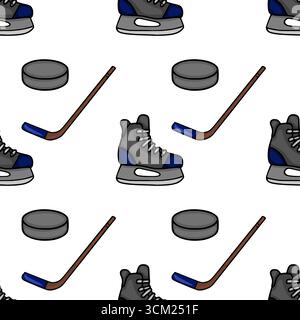Seamless vector pattern featuring hand-drawn ice hockey equipment: skates, pucks, and sticks, rendered in a simplistic cartoon style with gray, blue, Stock Vector