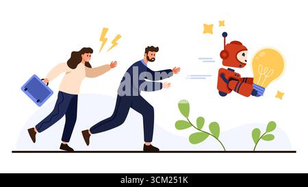 Businessman and businesswoman running after robot holding lightbulb symbolizing AI risks, copyright issues, and ethical concerns in technology innovation vector illustration Stock Vector