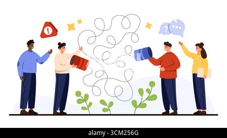 Business people struggle with tangled lines symbolizing misunderstanding, confusion, and communication issues in teamwork, problem solving, and workplace challenges isolated on white background vector illustration Stock Vector