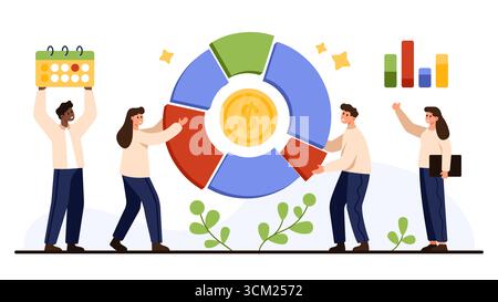 Business people collaborating around a segmented pie chart with dollar symbol, calendar, and bar graph for finance, investment, and planning concepts isolated on white background vector illustration Stock Vector