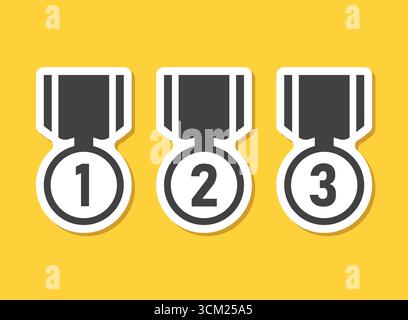 Gold, silver, bronze medals sticker icons set in flat style. Trophy award vector illustration on isolated background. Winner sign business concept. Stock Vector